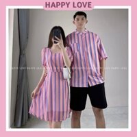 Đồ cặp nam nữ đồ đôi hàn quốc set couple áo sơ mi nam váy nữ kẻ sọc hồng HAPPYLOVE H007