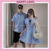Đồ cặp nam nữ váy áo đôi sơ mi kẻ sọc màu xanh dáng ngắn thời trang HAPPYLOVE H170