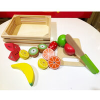 Đồ chơi cắt trái cây bằng gỗ có khay đựng, đồ chơi nhập vai cho bé an toàn, đồ chơi nấu ăn gỗ