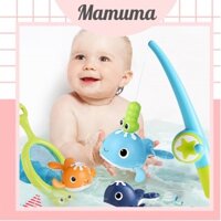 Đồ chơi câu cá nam châm cho bé trong nước và trên cạn, cá vặn dây cót lội nước nổi trong bồn tắm, tặng vợt - Mamuma