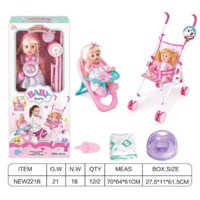 Đồ chơi chăm sóc búp bê gồm búp bê, xe đẩy, ghế ăn dặm, bình sữa, bỉm, bô tè