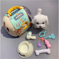 Đồ chơi chăm sóc thú cưng, lồng chó mèo bông biết đi kêu, vẫy đuôi kèm phụ kiện