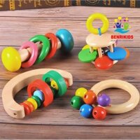Đồ Chơi Gỗ, Combo 4 Xúc Xắc Lục Lạc  Chuông Trụ, Hình Cung, Lắc Tròn, Que Vòng Cho Trẻ Sơ Sinh Tập Cầm Nắm