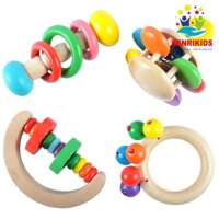 Đồ Chơi Gỗ, Combo 4 Xúc Xắc Lục Lạc  Chuông Trụ, Hình Cung, Lắc Tròn, Que Vòng Cho Trẻ Sơ Sinh Tập Cầm Nắm