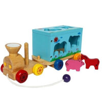 Đồ chơi gỗ xe lửa chở thú, xe thả thú có kèn vui nhộn, đồ chơi cho trẻ biết đi vận động an toàn