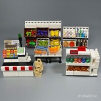 Đồ chơi khối xây dựng hạt nhỏ MOC, siêu thị mini, kệ trái cây và rau quả, quầy thu ngân hồ bơi, xe đẩy mua sắm