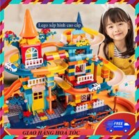 Đồ chơi lắp ghép lâu đài có đường xe trượt  512 PCS bản ĐẦY ĐỦ CÓ 4 XE ô tô cho bé 3 -5 tuổi [Có sẵn]