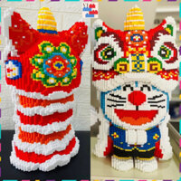 Đồ chơi Lắp ráp Hổ múa Lân, Mô Hình Hổ Lân cỡ Lớn Cao 35CM màu Đỏ  Hồng, Mô Hình tết, Decor, trưng bày, Quà tặng,Sưu tầm