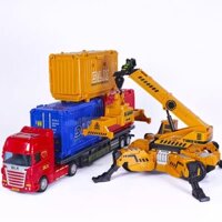 Đồ chơi mô hình xe đầu kéo container 20feet và xe cẩu hạng nặng kèm thùng chứa bằng nhựa ABS