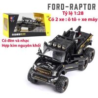 Đồ chơi mô hình xe ô tô FORD RAPTOR  F150 bằng hợp kim nguyên khối có nhạc và đèn, kèm xe máy tỷ lệ 128 màu đen