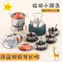 Đồ chơi nấu ăn mini bằng thép không gỉ cho trẻ em, đồ chơi giả vờ, bộ dụng cụ nấu ăn mô phỏng, bộ trà