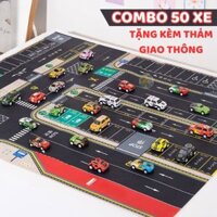 Đồ chơi ô tô bộ 50 xe mẫu mã đa dạng MinhToys, làm từ hợp kim bền chắc, kèm gara di động và thảm chơi 80x100cm.