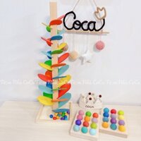 Đồ Chơi Tháp Gỗ Cầu Vồng Âm Nhạc thả bóng cho bé Montessori - Tháp Bóng Nhạc Bằng Gỗ
