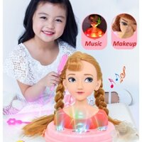 Đồ chơi trang điểm làm tóc đầu búp bê Elsa, Anna, có nhạc, Bé tập tết tóc, make up cho búp bê xinh