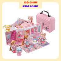 Đồ chơi Túi xách ngôi nhà búp bê 2 tầng màu hồng đầy đủ nội thất phụ kiện phòng ngủ bồn tắm có nhạc đèn cho bé gái Y ẢNH