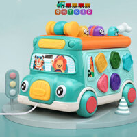 Đồ chơi xe bus kéo đa năng 6 trong 1 gồm đập chuột, thả khối, vô lăng điều khiển, đồng hồ, kéo xe QHT