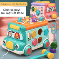 Đồ Chơi Xe Bus Kéo Đa Năng 6in1 Đập Chuột, Vô Lăng, Bánh Răng chuyển động, Thả Hình khối, Đồng Hồ, Phát Nhạc