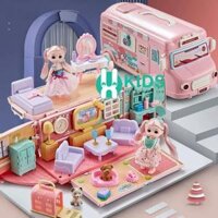 Đồ chơi xe bus màu hồng biến hình thành ngôi nhà búp bê đầy đủ nội thất phụ kiện dễ thương cho bé gái