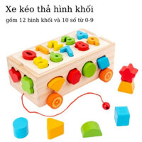 Đồ chơi xe cũi kéo thả hình khối bằng Gỗ Tự Nhiên, có thể thả số và xếp hình Đồ chơi cho bé 2-5 tuổi