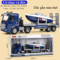 Đồ chơi xe đầu kéo sơ mi rơ moóc chở cano KAVY chạy đà có nhạc và đèn dài nửa mét - Màu xanh đậm