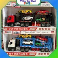 Đồ chơi xe đầu kéo vận chuyển 2 tầng với 4 xe oto bằng hợp kim cos nhạc và đèn chạy dây cót