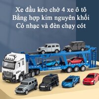 Đồ chơi xe đầu kéo vận chuyển 4 xe ô tô bằng hợp kim nguyên khối có nhạc và đèn chạy cót