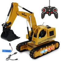 Đồ chơi xe máy xúc điều khiển từ xa, máy múc cẩu 6 nút điều khiển xoay 360° gầu kim loại bền kèm