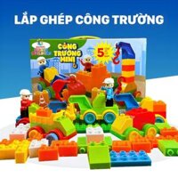Đồ Chơi Xếp Hình Cho Bé Chủ Đề Công Trường, Bộ Lắp Ghép Có Hộp Đựng Cho Bé Sáng Tạo Lắp Ráp Xe Cẩu, Máy Xúc