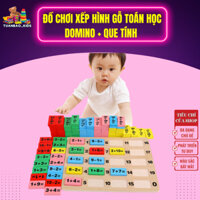 Đồ Chơi Xếp Hình Gỗ Toán Học Domino + Que Tính | 110 Quân Đánh Số Thứ Tự | 48 Que Tính 4 Màu | Bảng Gỗ 4 Phép Tính (TH1)