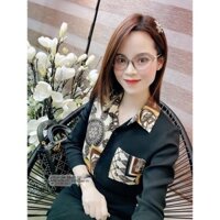 Đồ Công Sở -  Sét bộ áo lụa sơ mi đen họa tiết sang chảnh kết hợp với chân váy đen