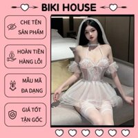 Đồ cosplay cô dâu ren xuyên thấu sexy gợi cảm kèm vương miệng cao cấp váy ngủ tân hôn đen trắng quyến rũ Louis19 N748