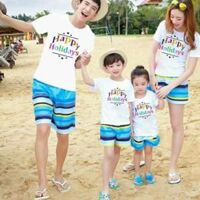 Đồ đi biển dành cho gia đình quần sọc xanh áo in họa tiết Happy Holiday xinh xắn chất thun đẹp giá 1 bộ gồm 1quần 1áo - 1 bộ nam size L
