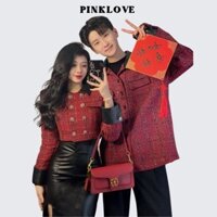 Đồ đôi áo khoác dạ nam nữ dài tay thu đông PINKLOVE màu đỏ mặc Tết Noel giáng sinh mix chân váy da dáng dài P147