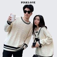 Đồ đôi áo len cặp nam nữ màu trắng kem Thuỷ Thủ đi Đà Lạt PINKLOVE tặng kèm nơ vải len thừng dày đẹp P012