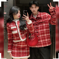 Đồ đôi dạ ép bông dày sét áo+váy dạ nữ kết hợp áo dạ nam,màu đỏ tươi mới không khí đón năm mới