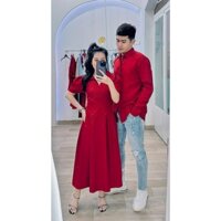Đồ đôi đẹp 🎀FREESHIP🎀  Set váy nữ áo sơ mi nam cặp chụp cưới, dự tiệc, du lịch màu đỏ đẹp AV61 (ảnh thật)