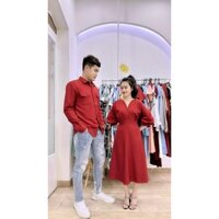 Đồ đôi đẹp 🎀FREESHIP🎀  Set váy nữ áo sơ mi nam cặp chụp cưới, dự tiệc, du lịch màu đỏ đẹp AV180 (ảnh thật)