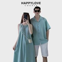 Đồ đôi đi biển HAPPYLOVE set couple áo sơ mi nam váy maxi dáng dài màu xanh hàn quốc M173