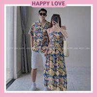 Đồ đôi đi biển nam nữ set couple áo sơ mi nam đầm maxi hai dây dáng dài hoạ tiết HAPPYLOVE H174