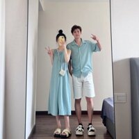 Đồ đôi đi biển nam nữ set couple áo sơ mi nam váy maxi nữ dáng dài màu xanh min cho cặp đôi COUPLE LOVE C173