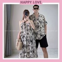 Đồ đôi đi biển nam nữ set couple áo sơ mi nam váy nữ hai dây dáng dài họa tiết thời trang HAPPY LOVE H183