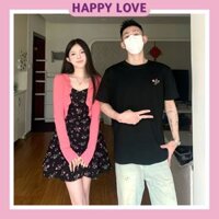 Đồ đôi nam nữ áo phông nam đầm nữ hai dây họa tiết hoa nhí kèm áo cardigan hồng HAPPYOVE H186