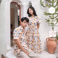 Đồ đôi nam nữ couple đáng yêu dễ thương - HÌNH CHỤP THẬT - Set áo váy đôi đi biển hoạ tiết hoa lá vàng rực rỡ