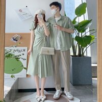 Đồ Đôi Nam Nữ Couple Set Áo Váy Sơ Mi Đôi Hàn Quốc Màu Xanh Min Hàng Quảng Châu Cao Cấp COUPLELOVE C21