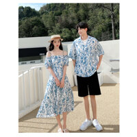 Đồ đôi nam nữ đẹp 🎀FREESHIP🎀 Set áo váy đôi, nữ váy dài hai dây hở vai nam sơ mi màu xanh đi biển chất đẹp  AV112