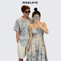 Đồ đôi nam nữ đi biển đi chơi PINKLOVE set couple áo sơ mi nam váy hai dây nữ maxi dáng dài màu xanh hoa vàng TL05