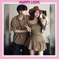 Đồ đôi nam nữ hàn quốc mùa hè áo sơmi nam set bộ nữ áo cúp ngực kèm chân váy màu nâu HAPPYLOVE H175
