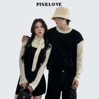 Đồ đôi nam nữ hàn quốc mùa đông PINKLOVE áo len nam đầm nữ dài tay màu đen phối trắng thêu nơ P209