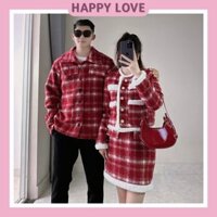 Đồ đôi nam nữ mùa đông set couple áo khoác dạ nam nữ màu đỏ mặc Tết giáng sinh mix chân váy ngắn dày đẹp HAPPYLOVE H153