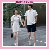 Đồ đôi nam nữ mùa hè set couple áo nam đầm nữ Polo ngắn tay HAPPYLOVE màu be kem thêu logo cho cặp đôi H019